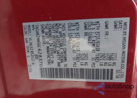 2016 Nissan Pathfinder Platinum/S/Sl/Sv z USA, uszkodzony, nr VIN 5N1AR2MM5GC628370